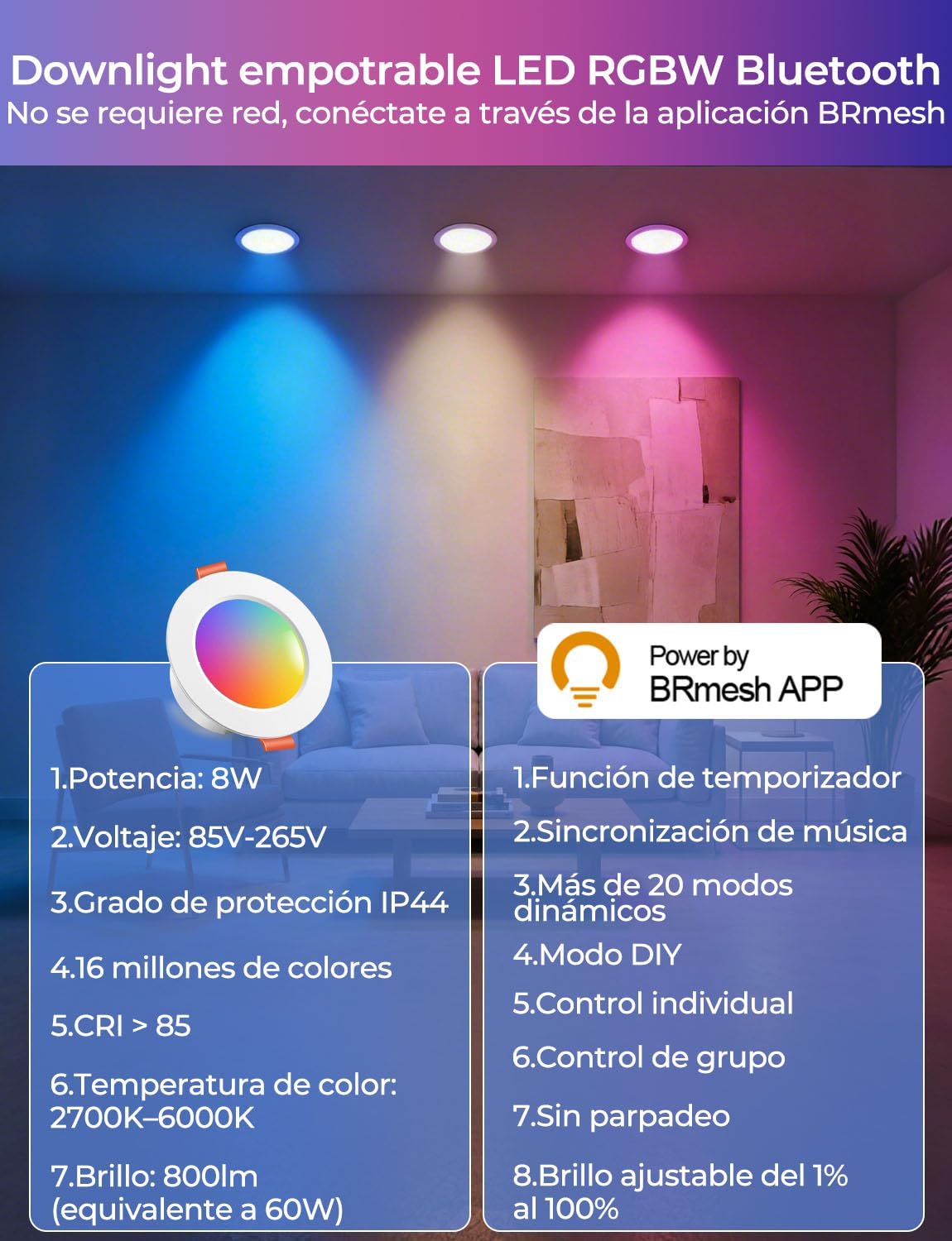 HEKEE Foco Empotrable LED Para Techo RGB, Ф68-85mm Colores Foco Empotrable LED, Cambio De Color CCT+ RGBW Aplicación Controlada Downlight (6 Unidades)