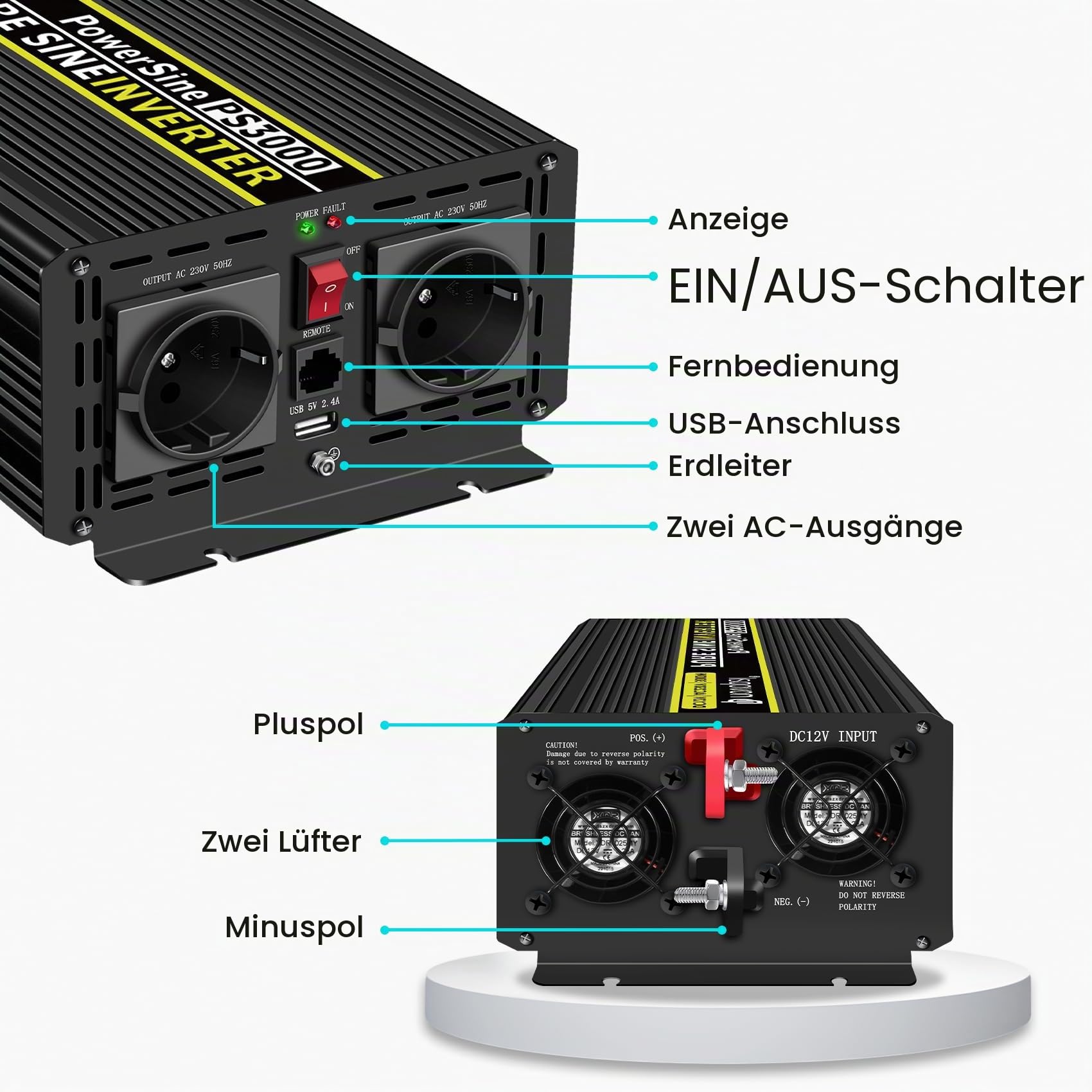 NOVOPAL 3000W Wechselrichter 12V auf 230V Reiner Sinus Spannungswandler Power Inverter mit 5M Fernbedienung und 2.4A USB Anschlüsse für Wohnmobil Auto Camping