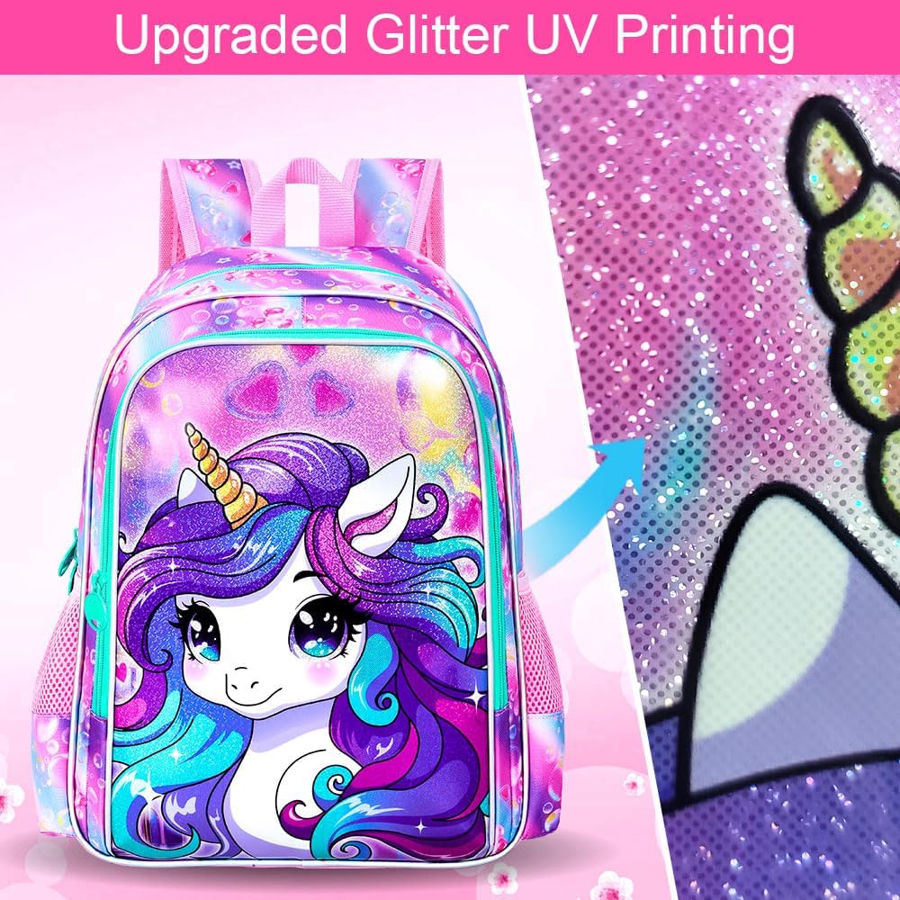 WZLVO 3PCS Unicorn Backpack for Girls, 16'' Kids Preschool Bookbag Set, Cute Water Resistant Kindergarten Elementary School Bag with Lunch Box - Image 5