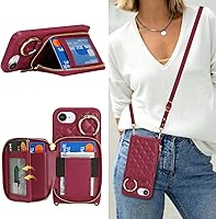 Vista 11 de Funda tipo cartera cruzada para iPhone 16e, piel sintética con cremallera, funda tipo cartera con función atril y ranuras para tarjetas, correa