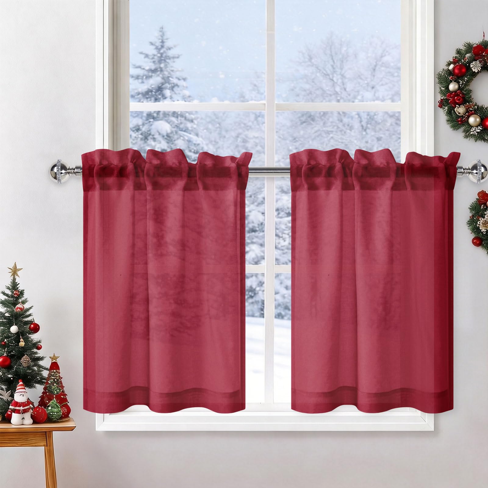 DWCN Red Net Kitchen Curtains 24 Inch Drop, Rod Pocket Cafe Curtains, Voile Light Filtering Short Curtain Tier 2 Panels for Bathroom Cupboard Base Half Window Christmas, W26xL24 Inch