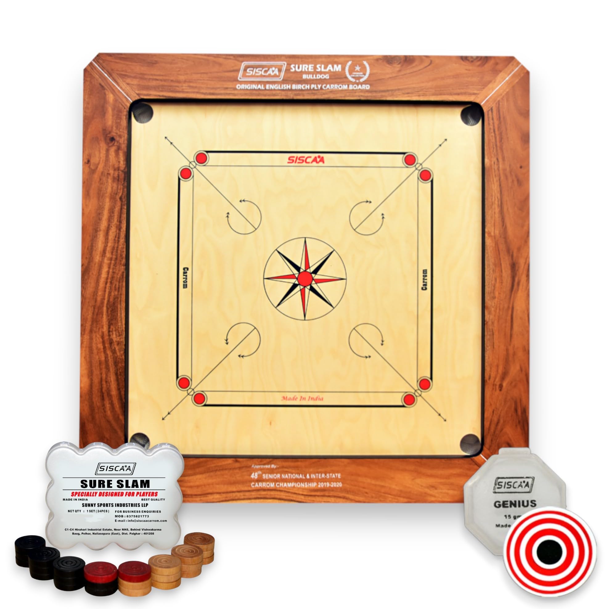 Sportz Saga Siscaa Bulldog Sureslam Carrom Board 29x29 Inch - Premium English Birch Ply - Includes Siscaa Sure Slam Coin, Genius Striker, Top Cover, 30gm Powder - Full Size 37" for Champions