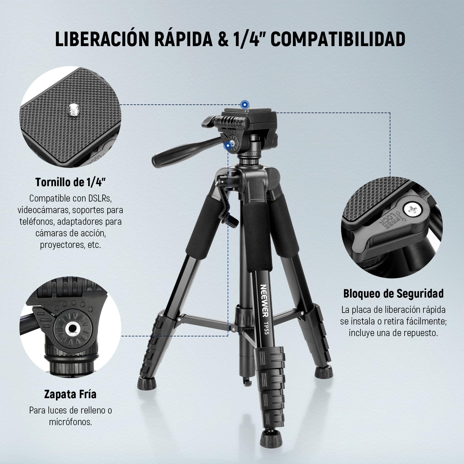 NEEWER BÁSICO Trípode Cámara, 71'' Trípode con Soporte Móvil Montaje Compatible con iPhone para Grabación Vídeo, Soporte Viaje Portátil Ligero Profesional Aluminio con 3 Way Pan Tilt Head, TP55