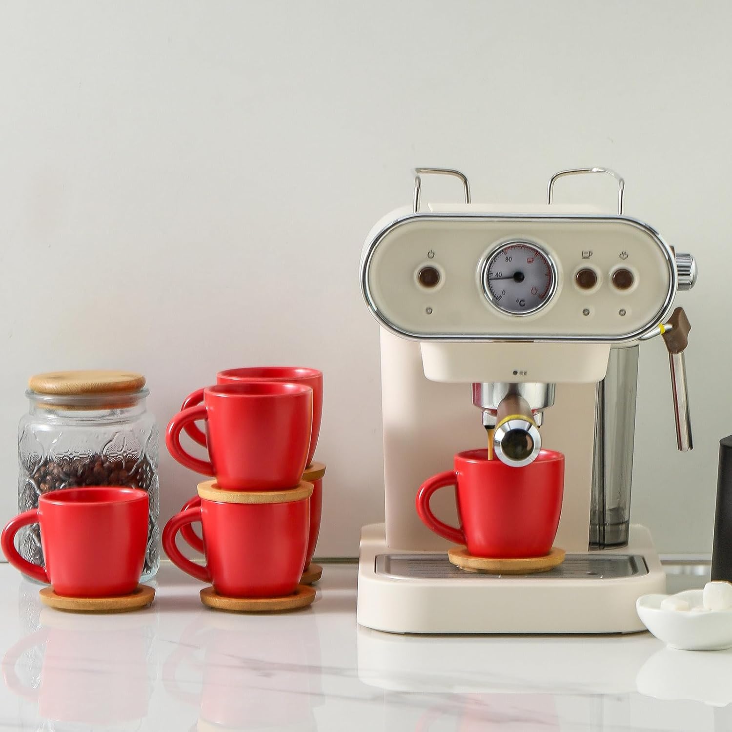 HASENSE 6 Ounce Espresso Cups with Saucers,Ceramic Cappuccino Cups with Handle for Double Shot, Latte, Cafe Mocha, Stackable Coffee Cups with Handle for Cafes, Home, Office, Red