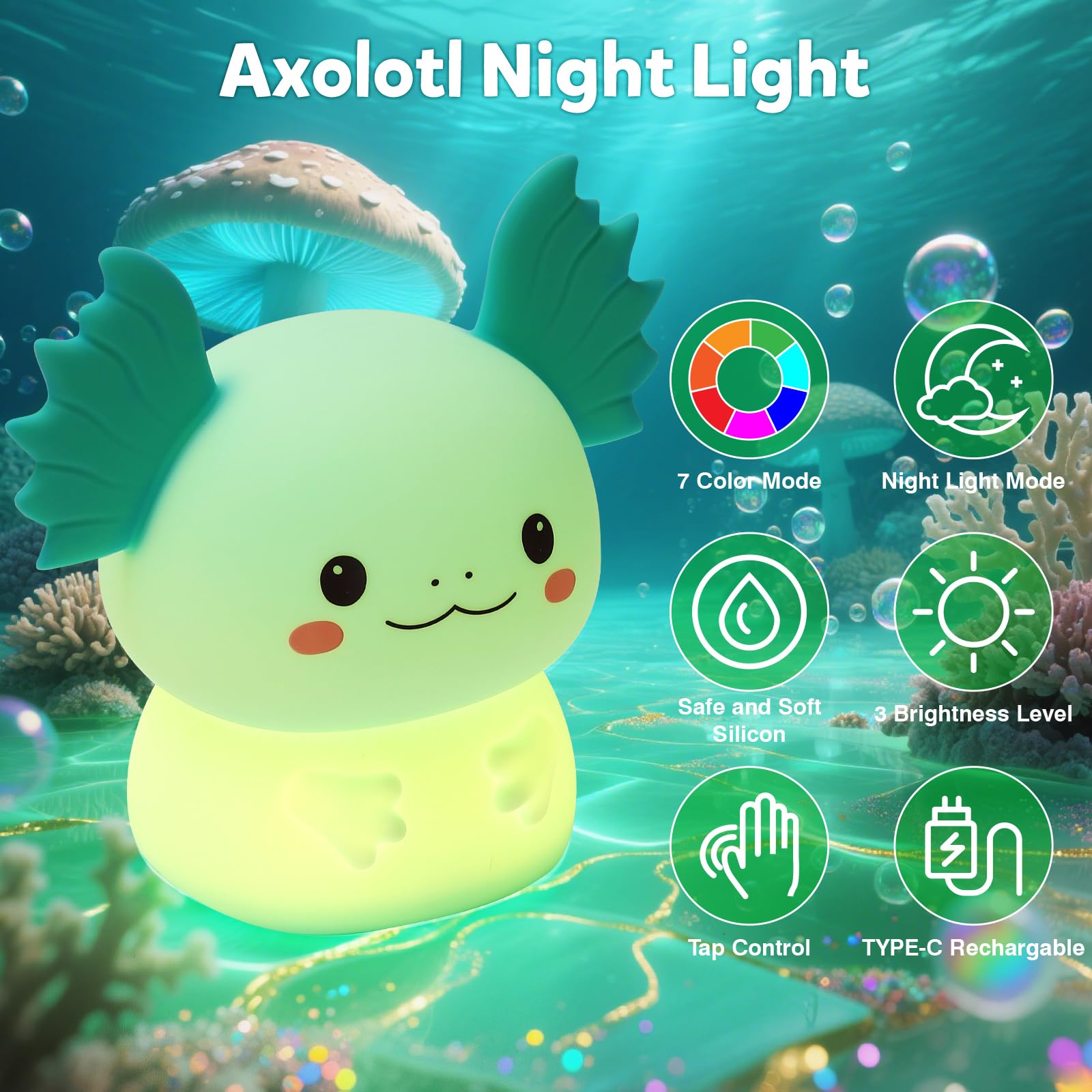 Axolotl - Luz nocturna LED regulable para el cuidado de los ojos, lámpara de noche de silicona recargable, lámpara de noche para niños, regalos para niños y niñas, decoración de sala de estar y