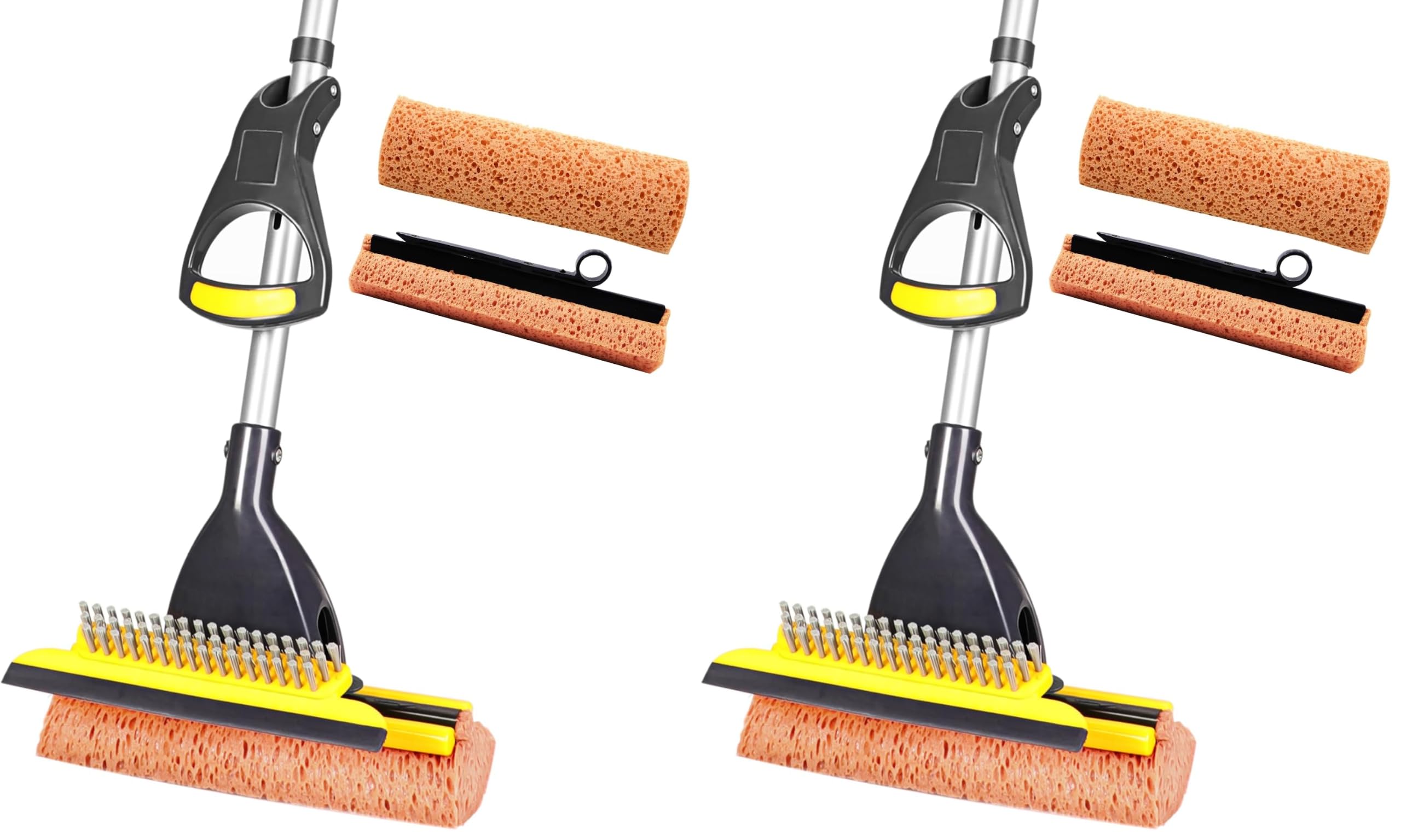 Yocada Sponge Mop Home Commercial Use Tile Floor Bathroom Garage Cleaning Total 2 Sponge Heads NOT 3 Telescopic Handle Squeegee from 42.5 to 52 Inches Easily Dry Wringing only 2 Heads (Pack of 2)