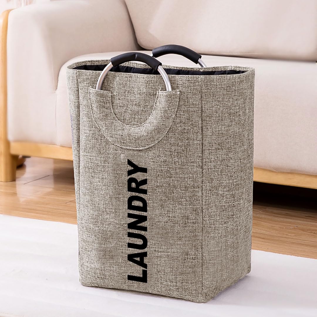 Luxe Home Tall Laundry Hamper with Aluminum Handles 30L x 40W x 65H cm - Durable Fabric Laundry Basket with Cushioned Grip - Foldable and Sturdy Laundry Organizer - Laundry Print - Beige-image-42