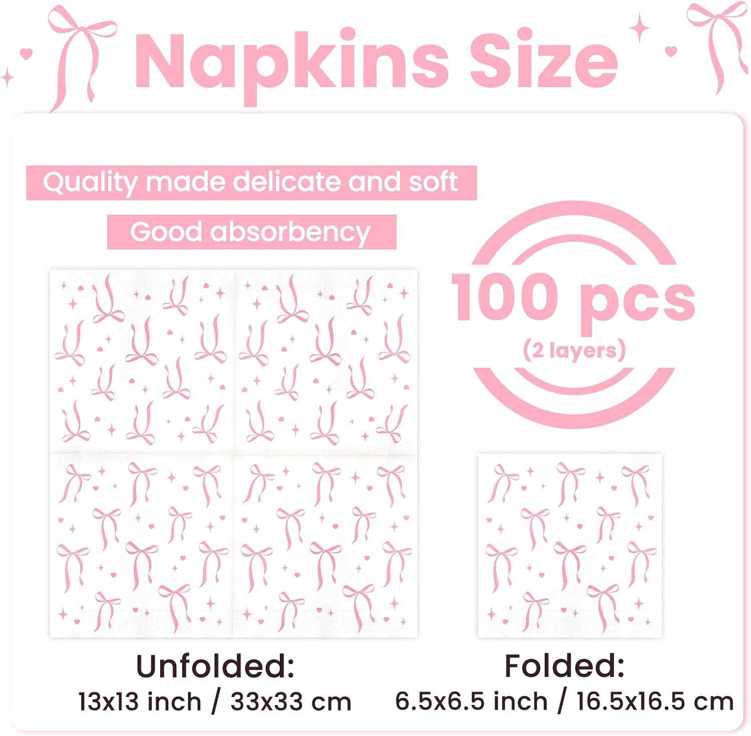 Pink Bow Napkins Disposable Coquette Cocktail Napkins, 100 Pcs
