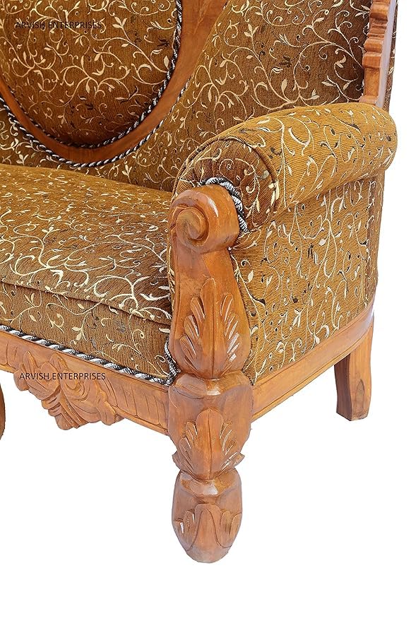 Image of Luxury Antique Sofa Set in a Classic Living Room Setting Solid Teak Wooden Five Seater Sofa Set with Cushion for Living Room | Honey Brown Finish | 208D x 76W x 119H cm (Design5)