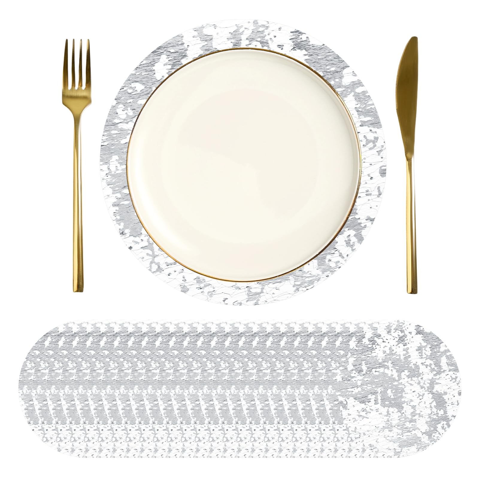 sourcing map 24Pcs Disposable Round Placemats, 17cm Chargers Place Mats Metallic Thin Mesh Table Mates Pressed Foil Table Doilies for Dining Table Wedding Birthday Party Home Decor, Silver