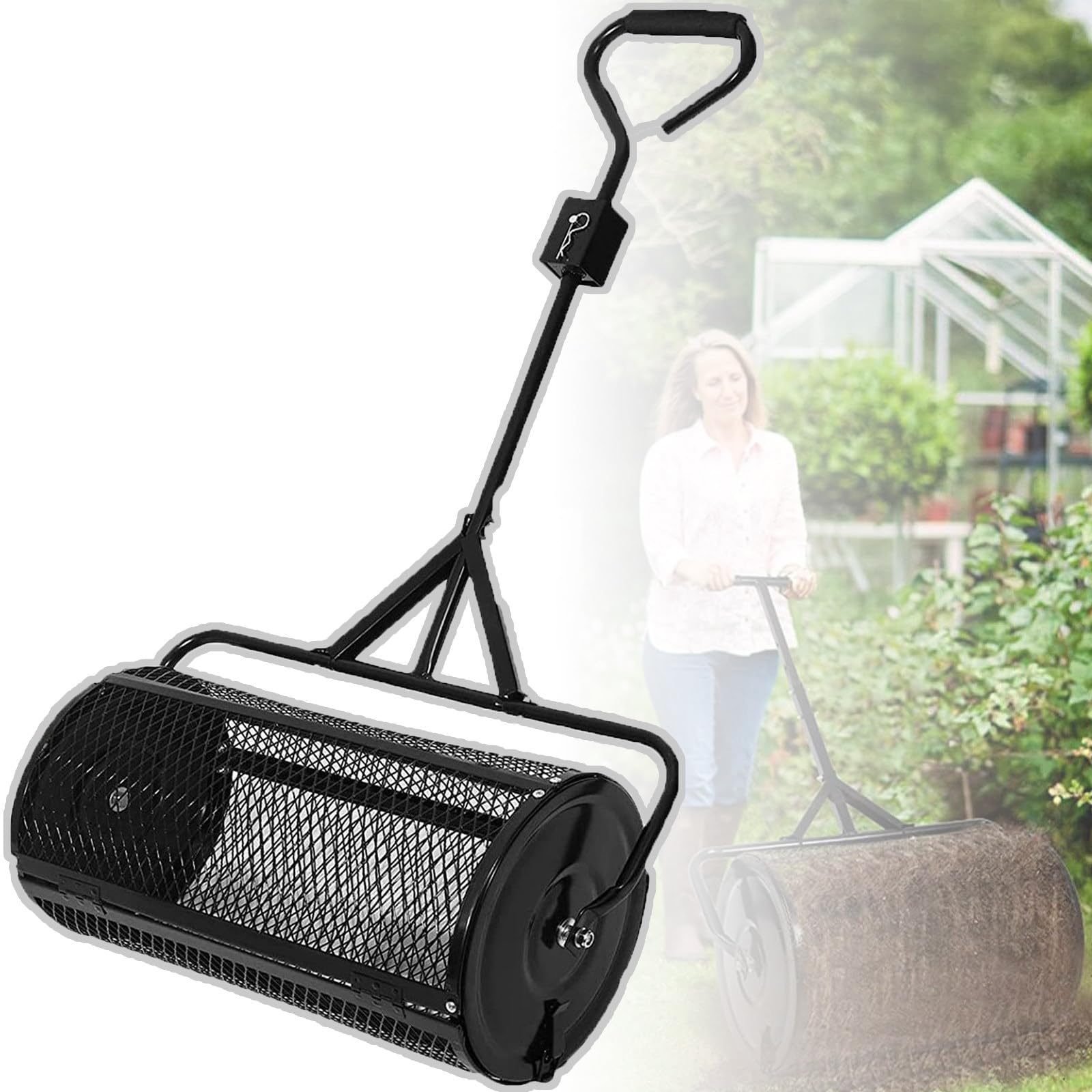 Esparcidor de abono (32 x 60 cm) – Cesta de malla de metal resistente, esparcidor de estiércol de turba y musgo, para plantar semillas, césped, cuidado del jardín, color negro