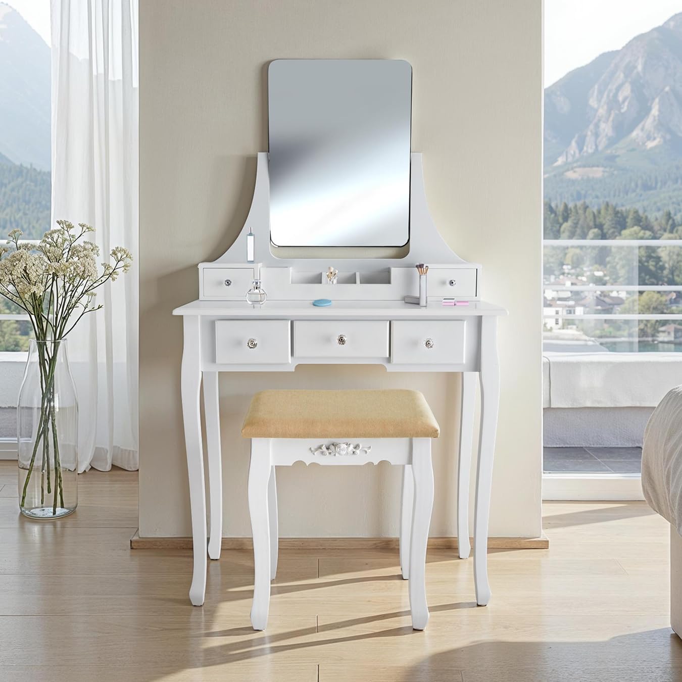 TecTake® Tocador de Maquillaje con Espejos Giratorio 360°, Taburete Tocador Acolchado, 5 Cajones Espaciosos, Espejo Maquillaje, Taburete Madera - 40 x 80 x 138 cm Blanco