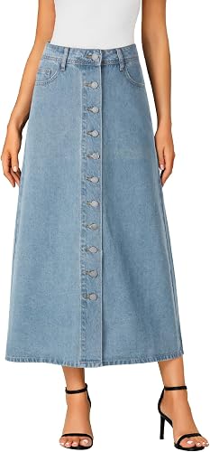 Vrtige Women's Casual Button Down High Waisted A Line Jean Midi Long Denim Skirt