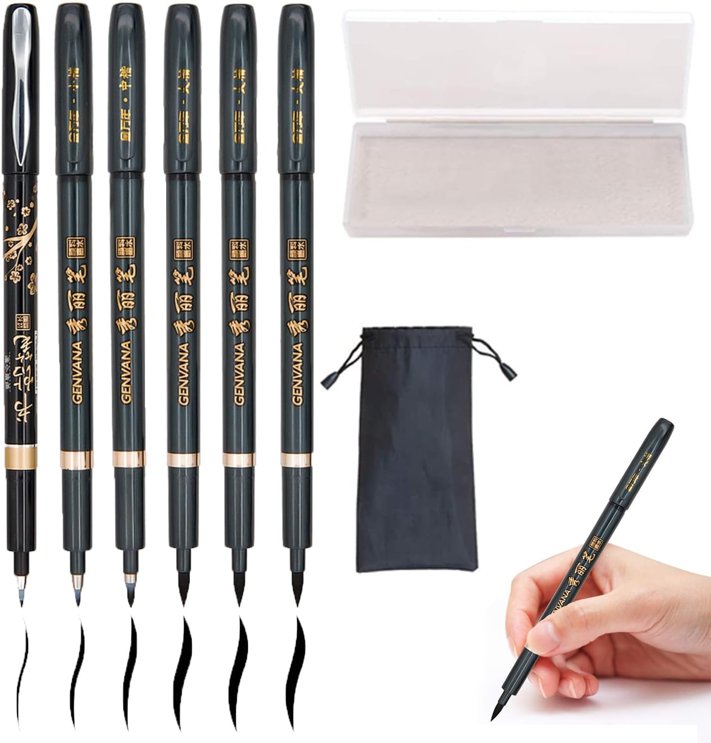 Hand Lettering Pens, Refillable Calligraphy Pens Brush Marker Pens Set Black, 4 Size for Writing, Painting, Drawing, Pack of 6