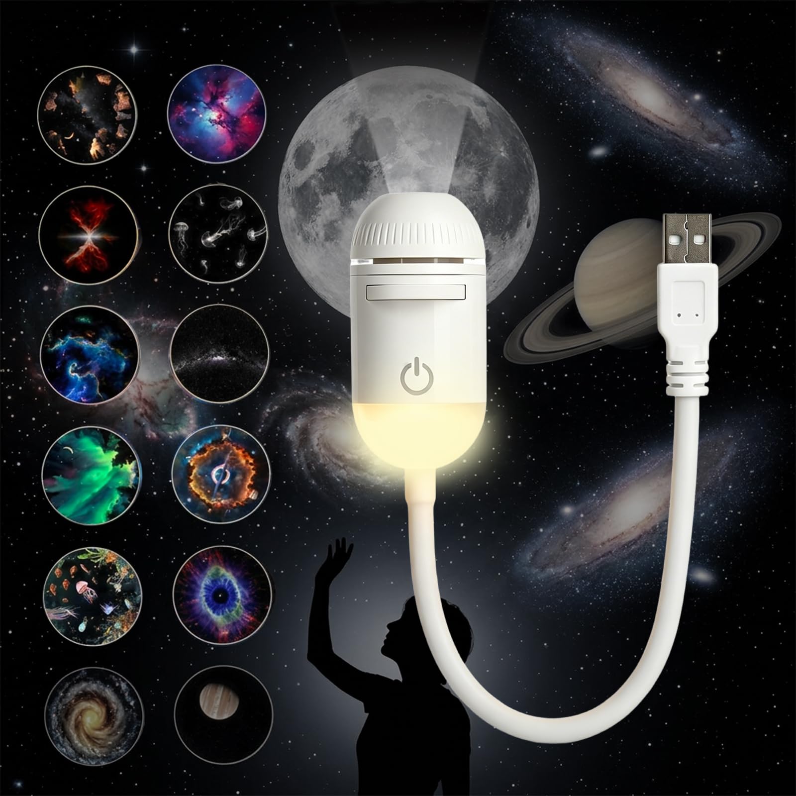 2-in-1 Galaxy Projector - Galaxy Night Light with 12 Sliding Projection Films，360°Adjustable Space Led Lights, Starry Planetarium Projectors with Dimmable Night Light for Car, Bedroom, Party