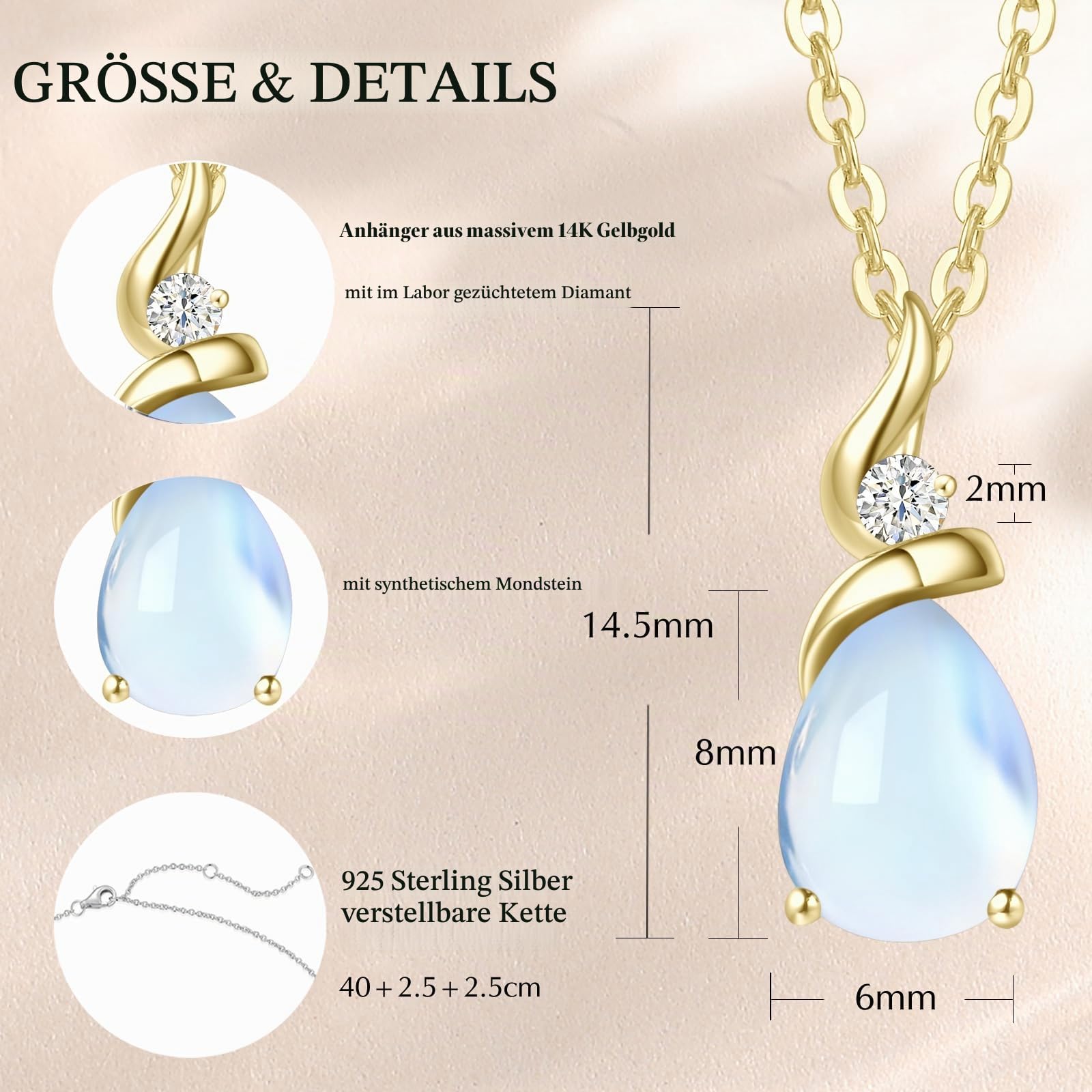 FANCIME Solide 14 Karat 585 Gelb Gold Anhänger Kette mit Tropfen Amethyst/Aquamarin/Smaragd/Rubin/Saphir/Opal und echt Diamant Geschenk Schmuck für Damen, 925 Silber Kette: 40 + 5 cm