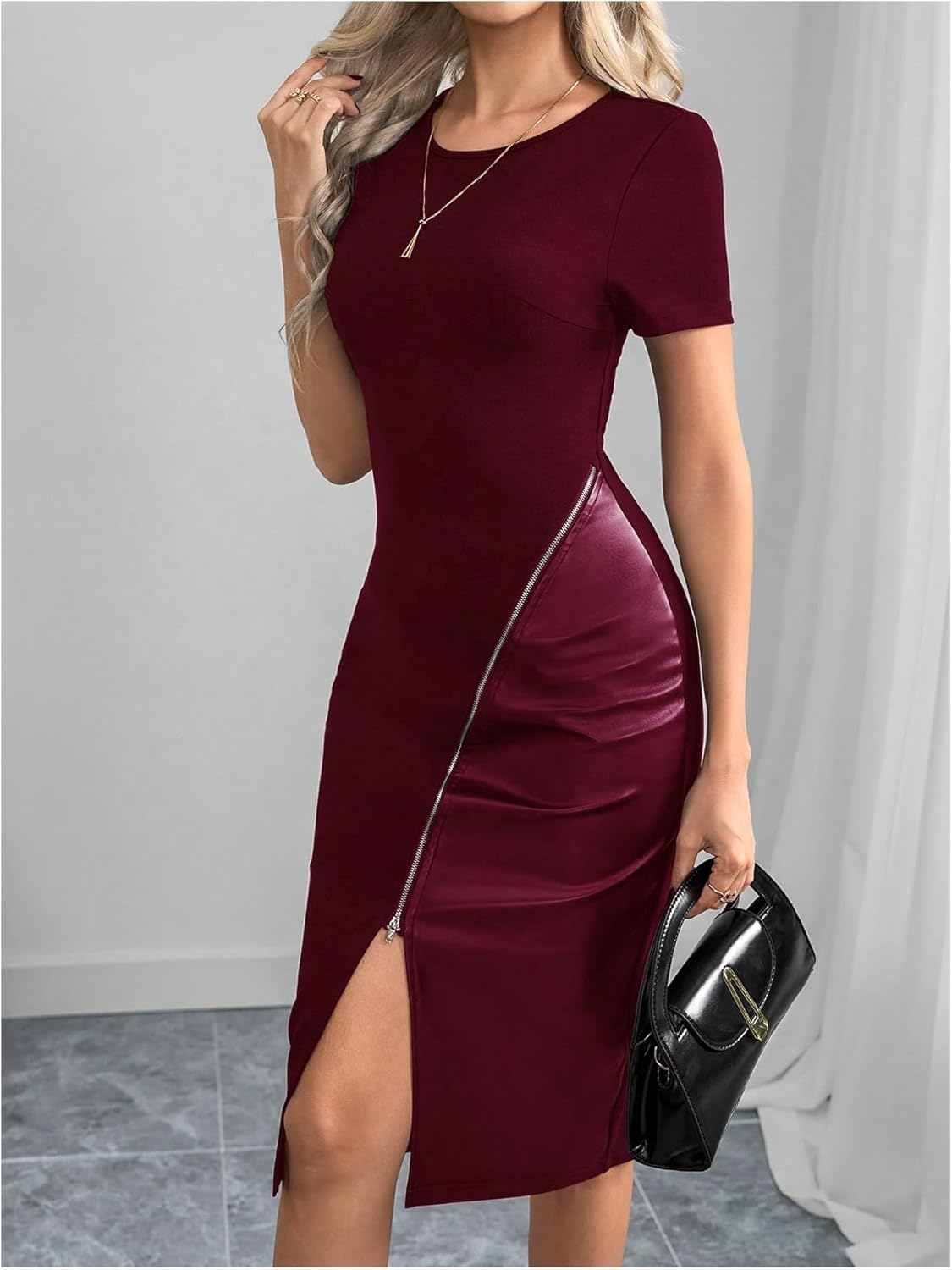 SOLY HUX Women's Summer Short Sleeve Midi Dress PU Leather Zipper Split Bodycon Dresses - Image 3