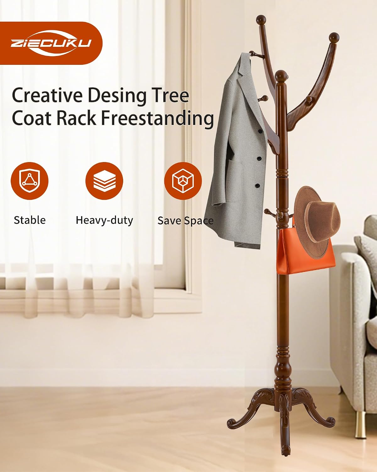 Wooden Coat Rack Freestanding, Solid Wood Coat Rack Stand with 13 Hooks, Mid-Century Modern Heavy Duty Coat Racks,Walnut Brown Standing Coat Jacket Hanger Clothes Tree Stand for Corner, Office