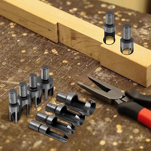 Wood Plug Cutter Drill Bit Set, 8 Pack Straight and Tapered Plug Cutters for DIY Woodworking Projects, 4 Sizes Hex Shank, Black