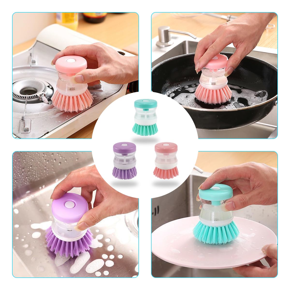 FHISKUNYU​ ​Brosse Vaisselle Avec Reservoir​ – ​Easy Brush Vaisselle​ 3 Pièces En Silicone Avec Poils PBT Ondulés – Design Compact, Sans Rayures ( Orange, Bleu, Vert