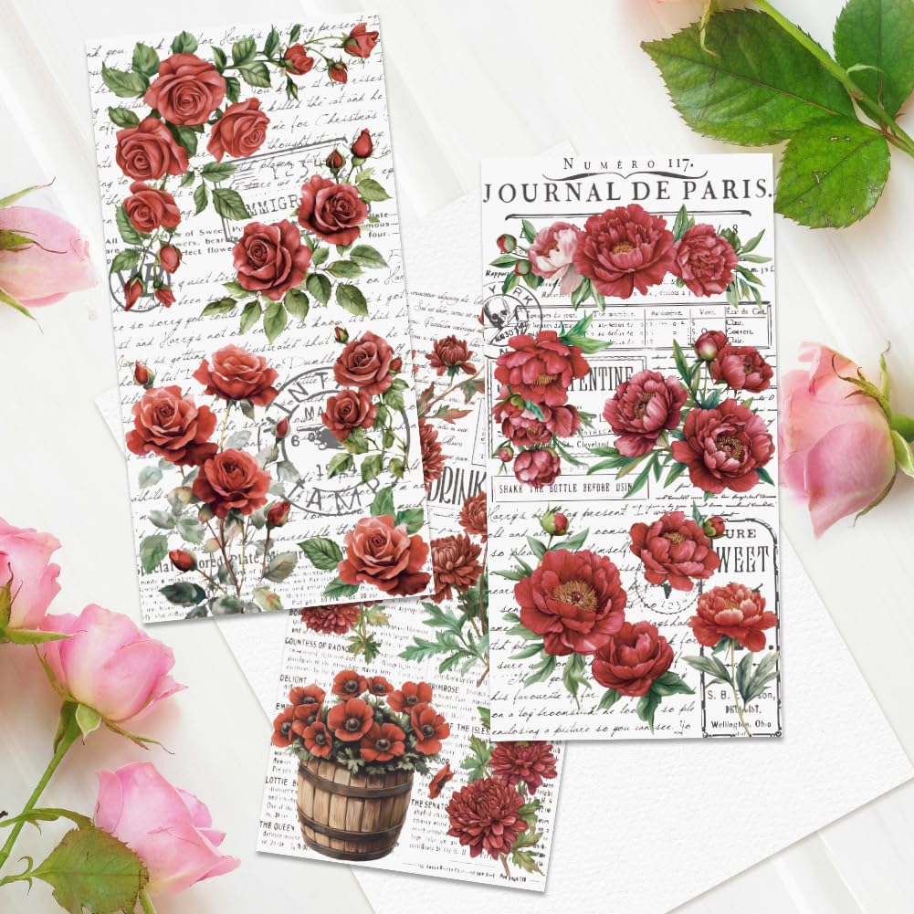 INFUNLY 3PCS Vintage Red Rose Rub on Transfers for Furniture 5.9"×11.8" Flower Theme Transfers Sticker Botanical Peony Transfers Stickers with Word Background for Wood Glass Scrapbook DIY Paper - Image 3