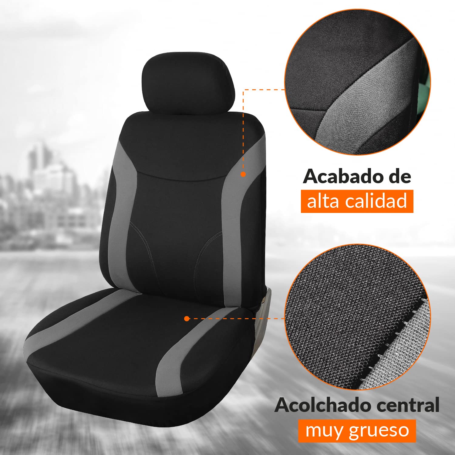Upgrade4cars Fundas Asientos Delanteros Coche Universales Negro Gris | Protector de Asiento Delantero para Conductor y Copiloto | Accesorios Interior para Mujer y Hombre