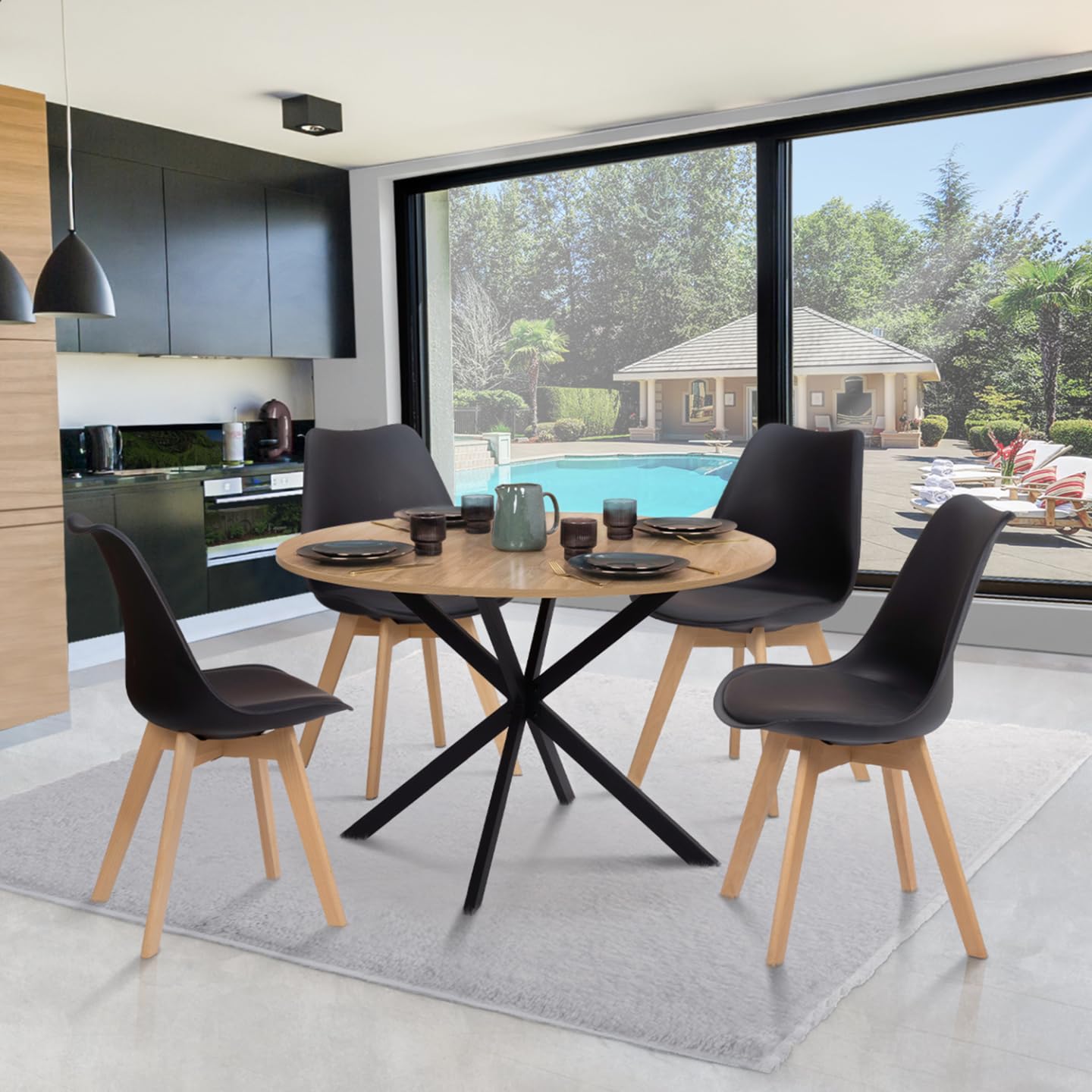 IDMarket - Table à Manger Ronde Alix 6 Personnes Pied araignée Bois et Noir 110 cm