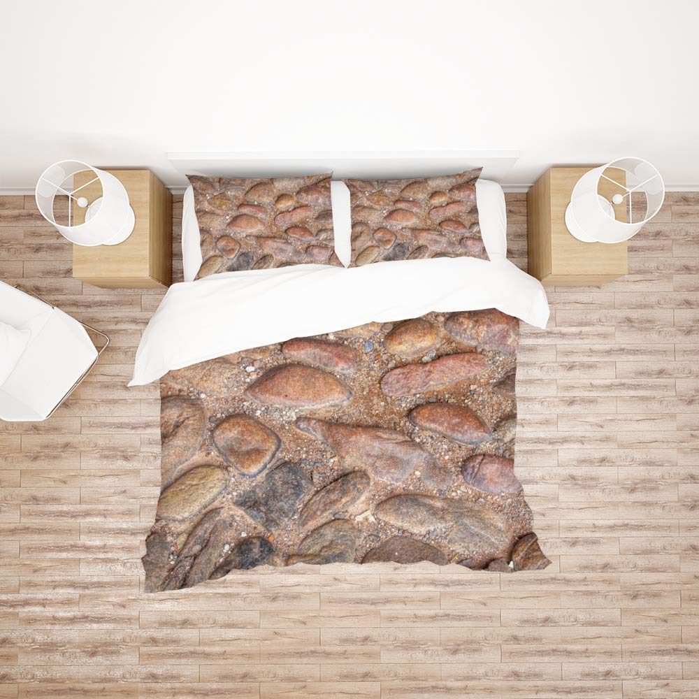 Parure de lit facile d'entretien King Size polyester motif galets marron anti-pli