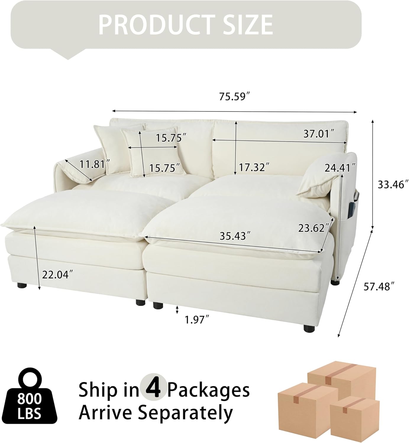KEIKI Sleeper Sectional Sofa Bed-75 Oversized Chaise Lounge with Storage & Ottomans, Modern 4-Seater Convertible L/U Shaped Cloud Couch, Chenille Upholstered Sofas for Living Room Bedroom, Beige