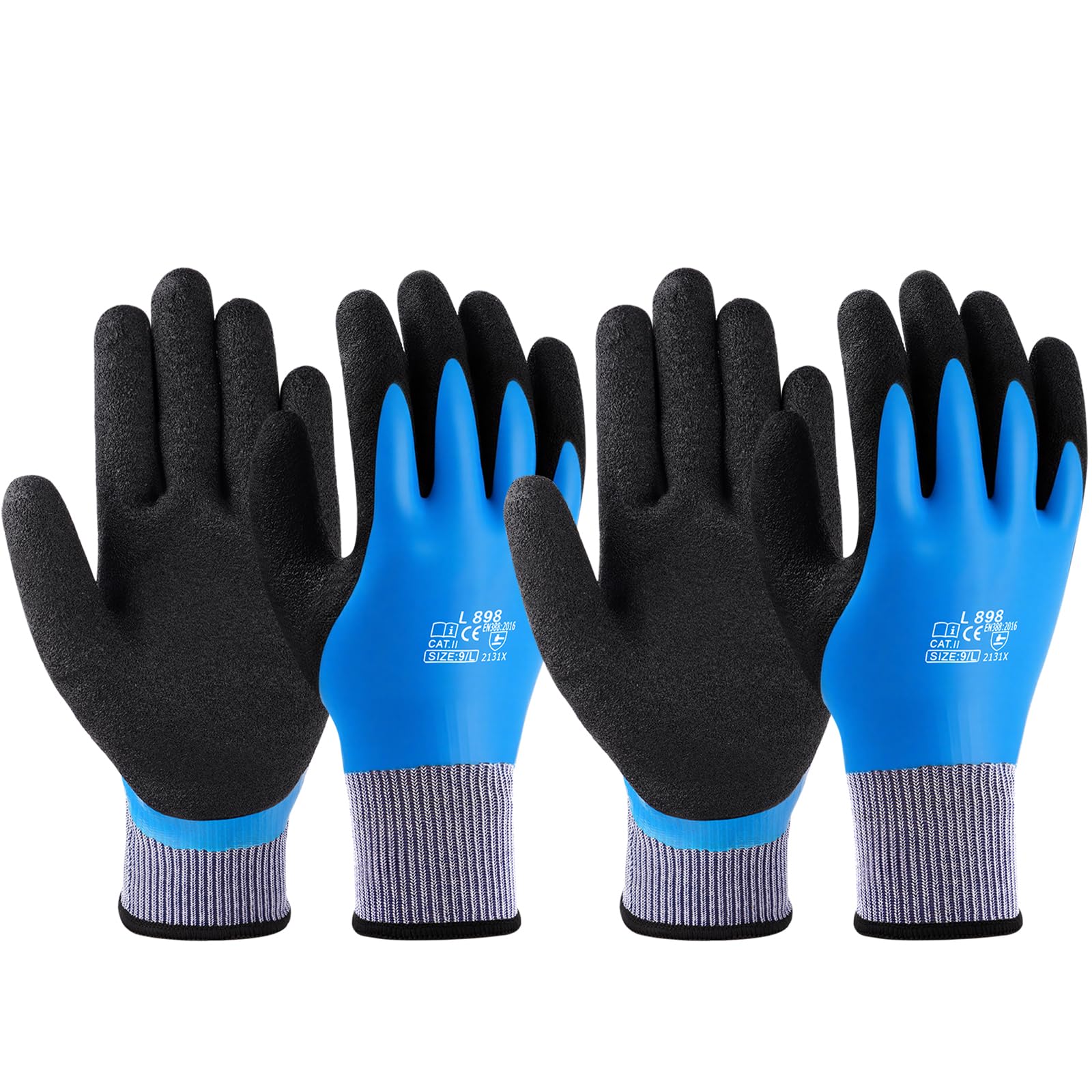flintronic Waterproof Work Gloves, 2 Pairs Ultra-Grip Work Gloves Non-Slip Latex Coated Versatile for Gardening, Car Washing, Fishing, Cleaning, Outdoor Tasks, Blue, L
