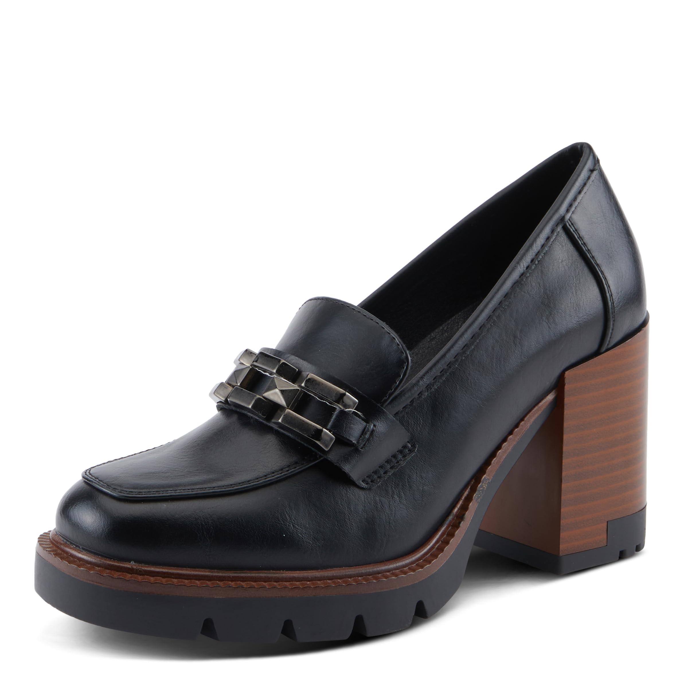 PATRIZIA Women's Dajah Inset Heel Loafers with Burnished Finish, Geometric Metal Detail, and Comfortable Fit