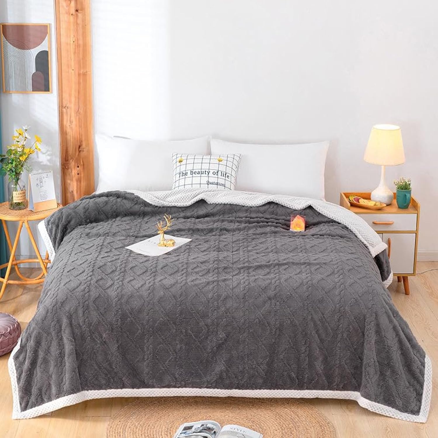 MMM Comfy KING SIZE(200X230cm) Reversable Faux Fur soft &Fluffy Blanket (grey)