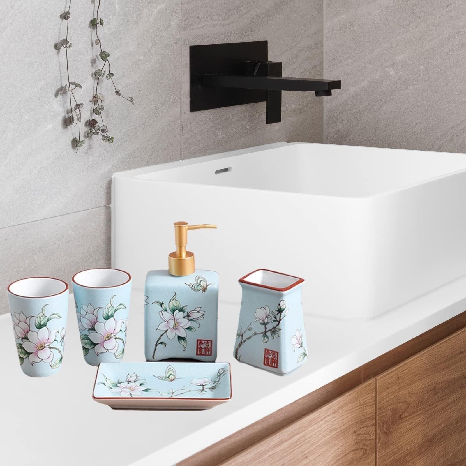 Set di accessori per il bagno Include 1 portaspazzolino, 2 bicchieri for gargarismi, portasapone, dispenser for lozione Arredamento per gli affittuari(Blue)