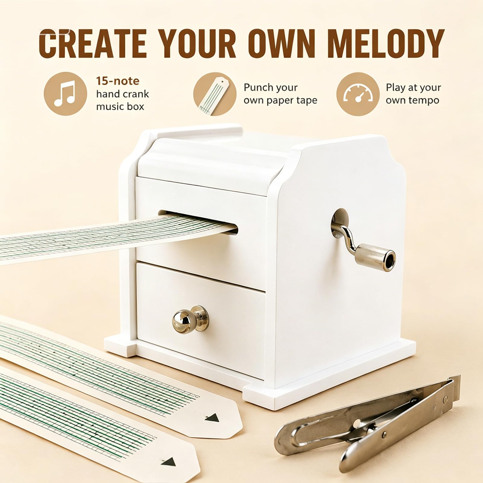 Caja De Música De Madera con Manivela, Mecanismo De Madera De 15 Notas, con Cajón De Almacenamiento, para Crear Melodías Personalizadas, Incluye 16 Cintas Partituras Y 14 Cintas En Blanco