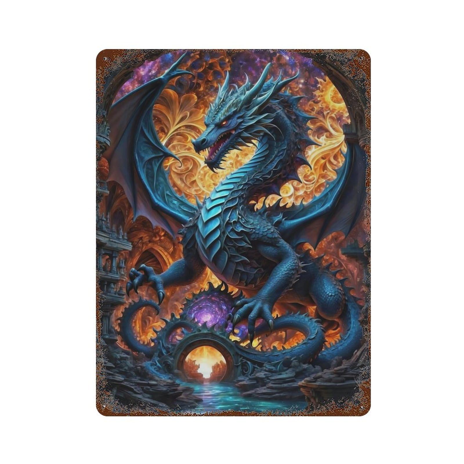 Distressed Metal Wall Sign Dragons Luminous Symphony 15.7"x11.8", Vintage Wall Decor for Garage, Bar And Workshop Decor