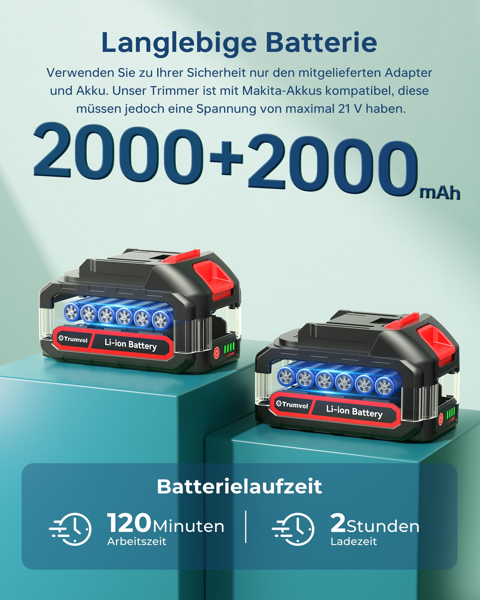 Tijera de Setos a Batería con 2 Baterías 2000mAh, Cortasetos Eléctrico 1000W con Motor Sin Escobillas, Cuchilla 52cm, Cabezal Ajustable 180°, Corte 16mm para Arbustos y Setos