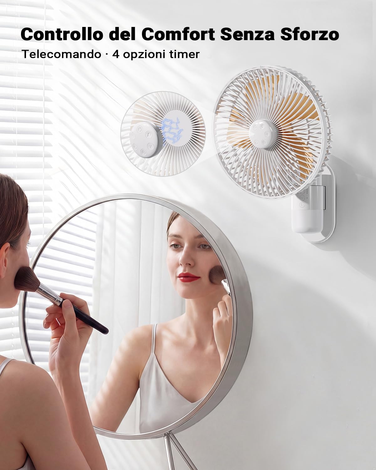 Ventilatore da Parete 26 cm con Luce e Telecomando, Silenzioso 30 dB, Flusso d’Aria Potente 5,2 m/s, Timer, Oscillazione 90°, 4 Velocità, Inclinazione 180° per Camera, Ufficio, Camper