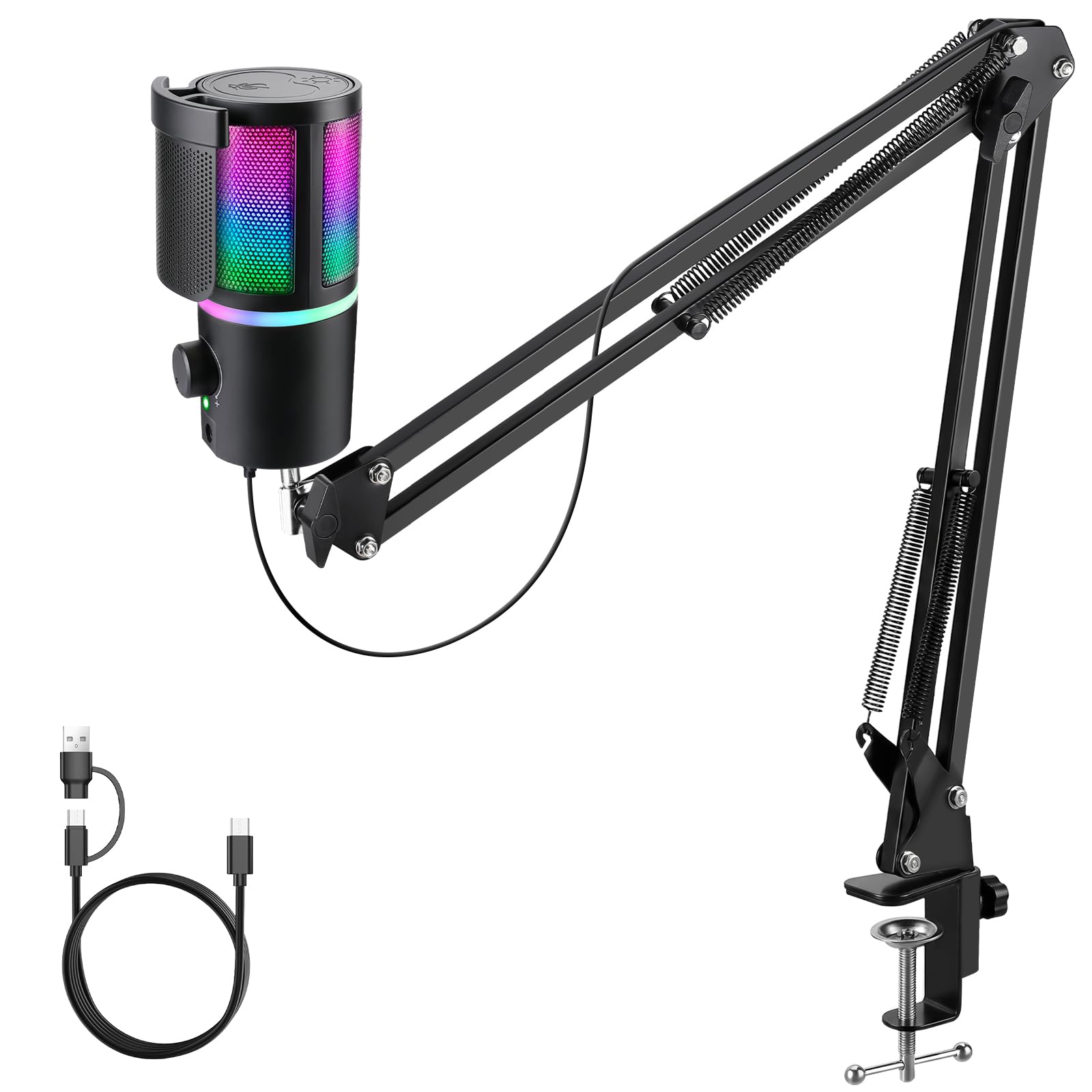 Micrófono USB con luz RGB, control de volumen, botón de silencio, conector de auriculares de 3,5 mm.