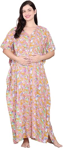 Secret Wish Floral Cotton Maternity Kaftan Full Length/Maxi Nighty/Free Size/Feeding/Nursing/Zipper/Tie-Up Belt