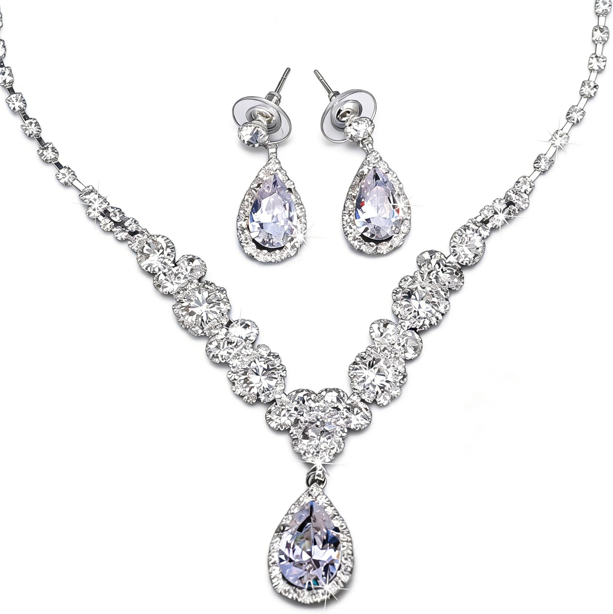 Bride Jewelry Set Silver Crystal Wedding Necklace Earrings Bridal Rhinestone Teardrop Pendant Accessories for Women and Bridesmaids (3 piece set - 2 earrings and 1 necklace)