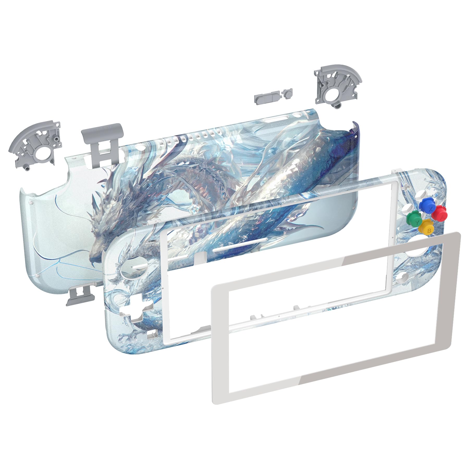 eXtremeRate Coque Console pour Nintendo Switch Lite,Façade avec Accessoires Boutons & Verres Trempé Protection Écran pour Switch Lite,Crystal Dragon