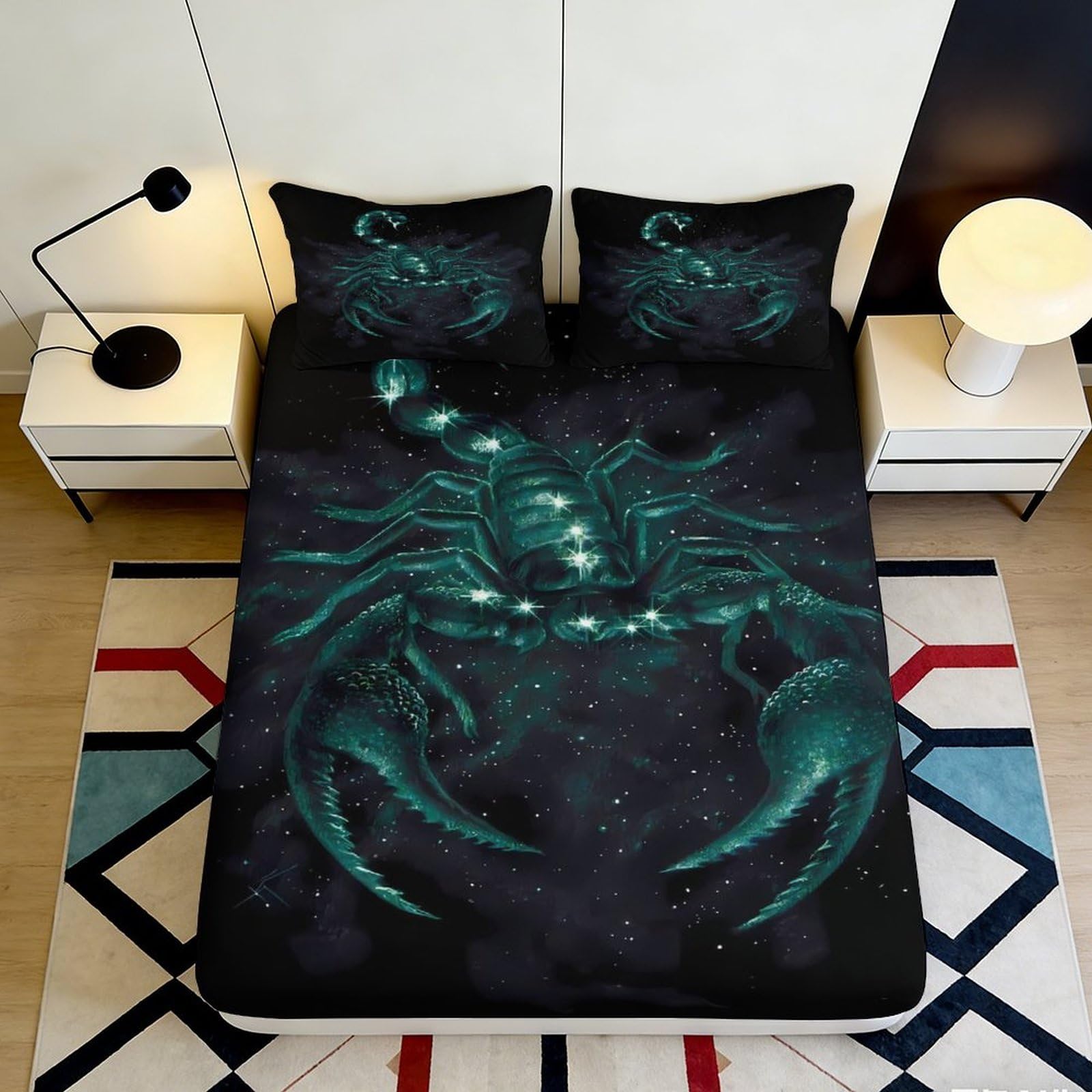 3D Printed Galaxy Scorpion Fitted Sheet Microfiber Black Cosmic Nebula Mattress Cover for Bedroom Dorm Apartment Decor 180x200x25cm
