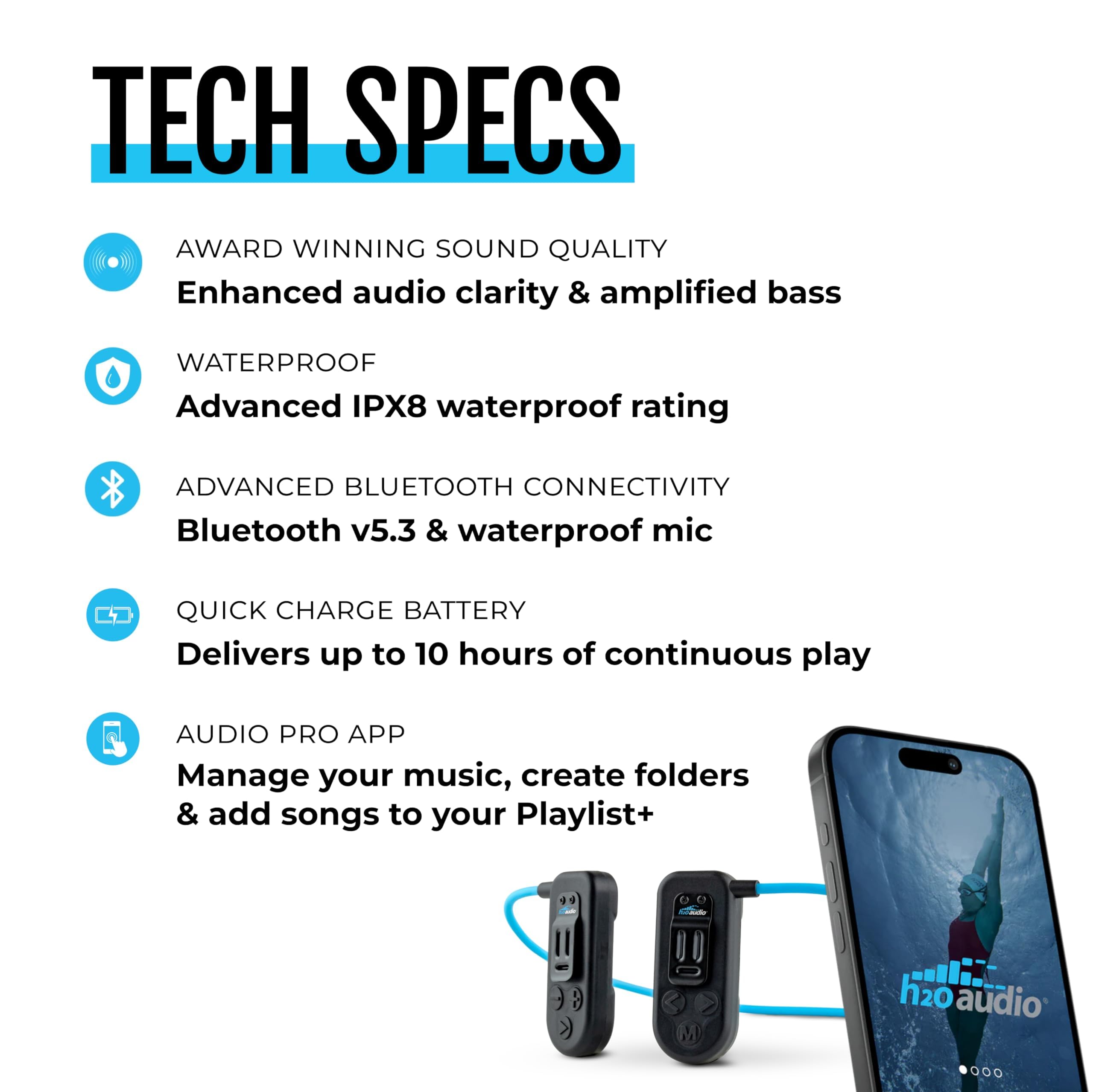 H2O Audio Sonar 2 Pro Casque étanche à conduction osseuse pour la natation – Casque sous-marin étanche IPX8 – Lecteur MP3 avec Playlist + application pour streaming Bluetooth – Autonomie de la