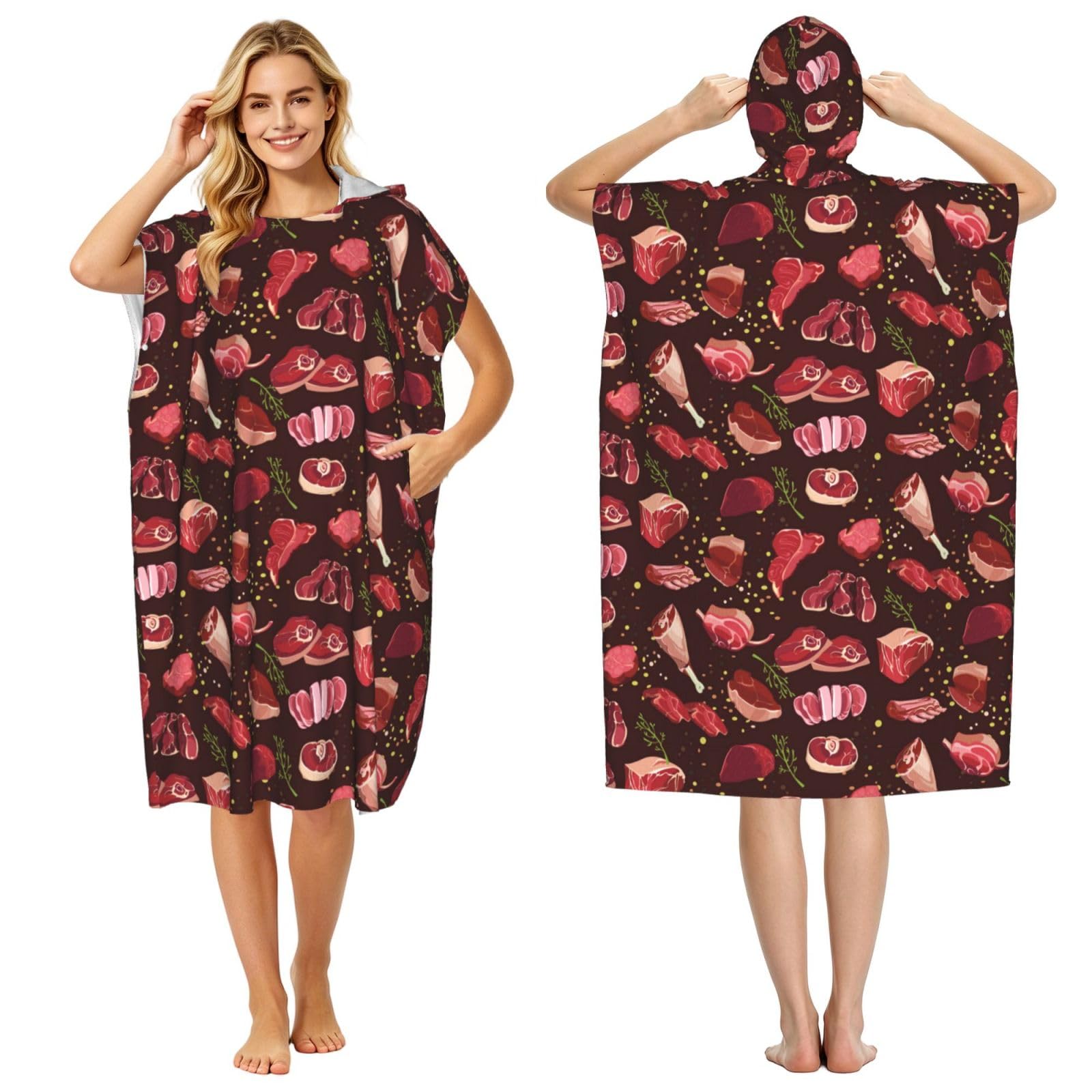 Poadnly Steak Pattern, Adult Hooded Beach Towel 90 x 110 cm,Changing Bath Robe, Surf Poncho Towel For Women Men