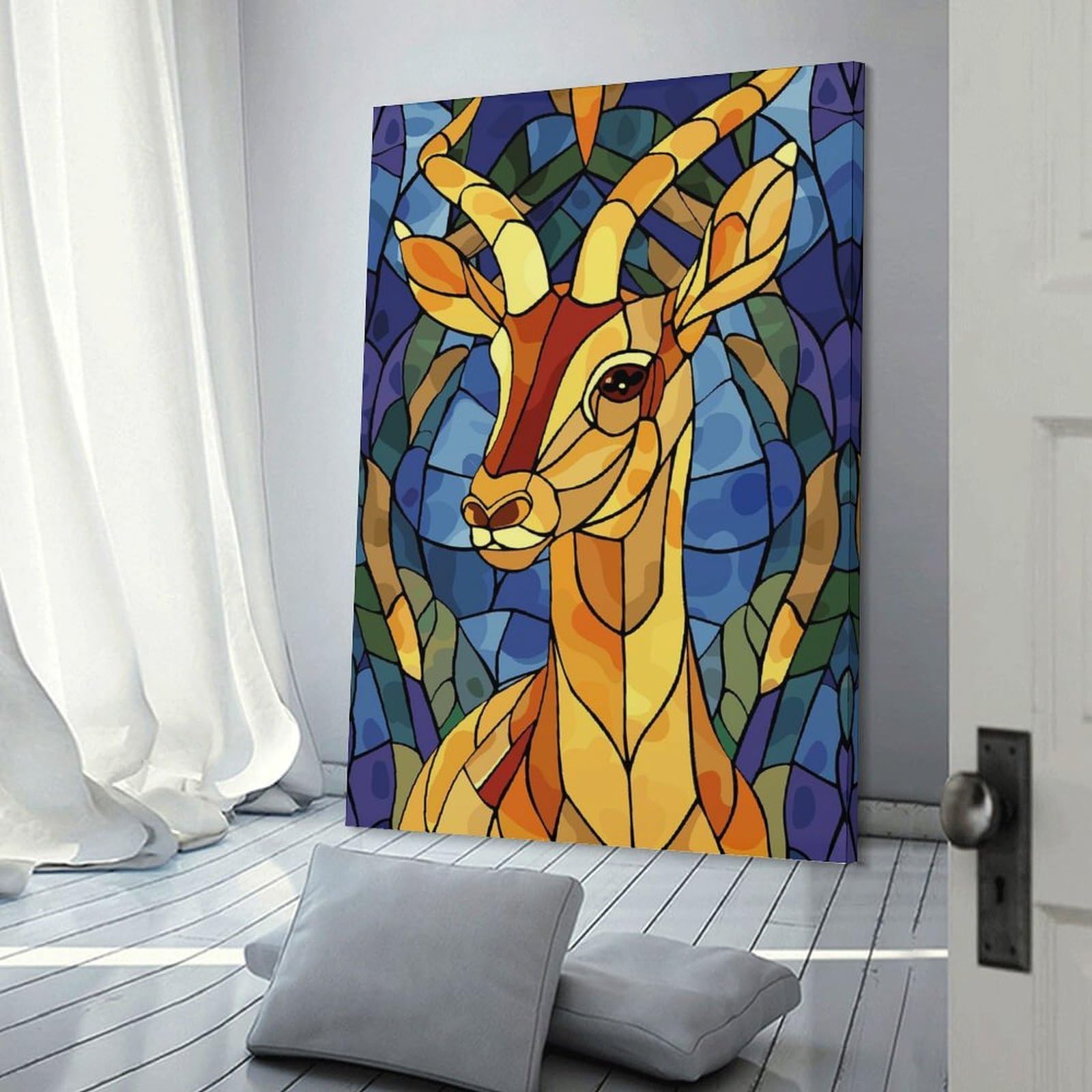 Junmoney Frame-Style-11-1 Stained Glass Gazelle Portrait Hanging Wall Art, 12X18inch(30X45cm), For Gallery Wall Decor And Room Displays, Home Wall Art For Statement Displays