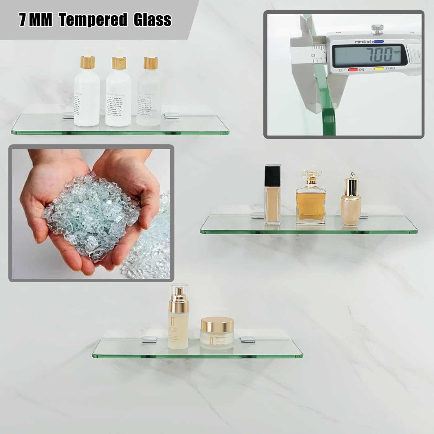 Alise Bathroom Shelves Glass Shelf,Wall Mount Floating Shelves for Bathroom,Rectangular Tempered Glass Shelves for Wall Storage Organizer,AGBL4010SET-C