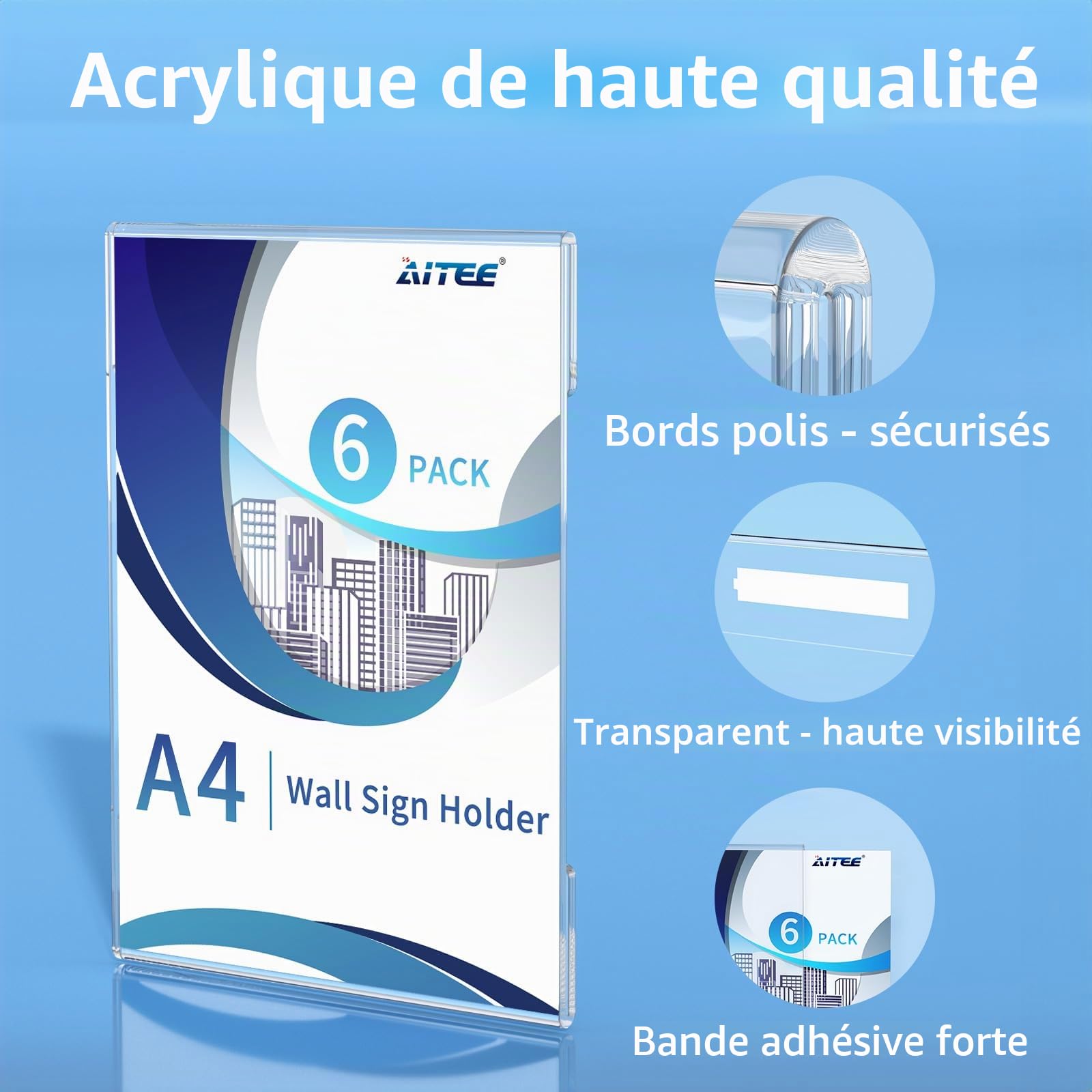 AITEE Lot de 6 supports muraux A4 en acrylique transparent avec bandes adhésives 3M, sans perçage, autocollant pour fixation murale pour bureau, maison, magasin, restaurant