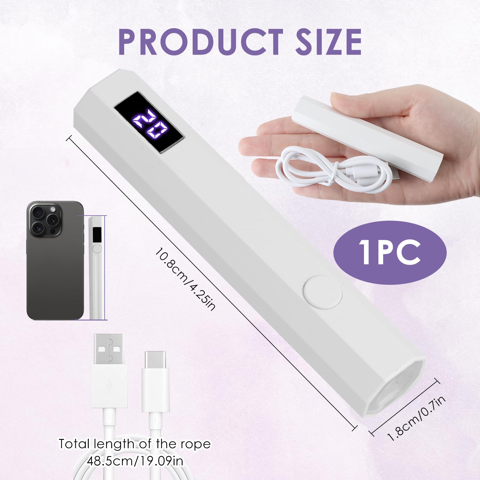 Mini UV Lamps for Gel Nails with LED Screen Handheld Small Nail Lamps Led Flashlight USB Rechargeable 180mAh 3W Flash Cure Nail Drye 20s 60s Timer Fast Drying for Women DIY at Home Travel Salo White - Image 2