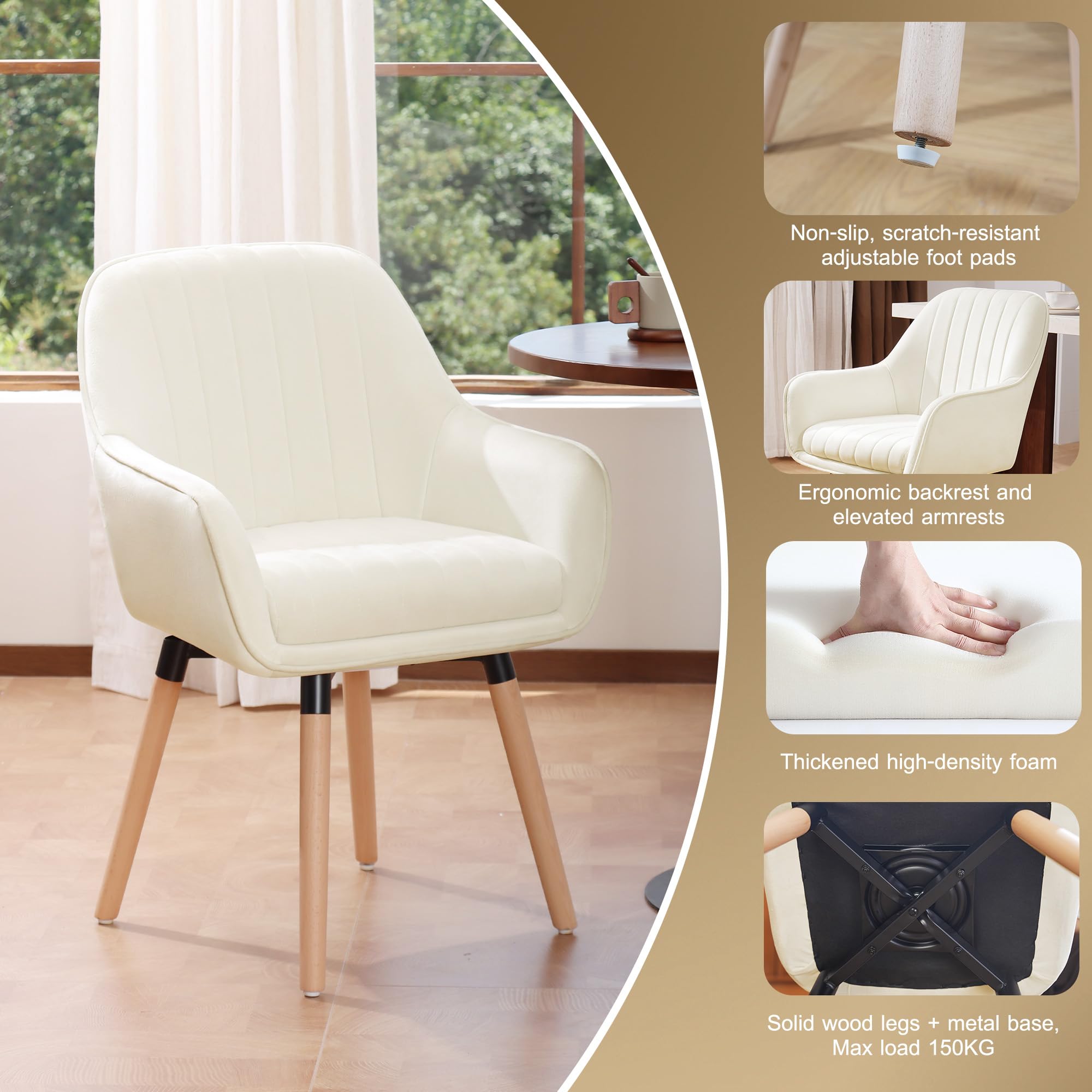 ELUCHANG Silla de Comedor Pack 4, 360°Giratoria, 12cm Grosor Sillones con Reposabrazos Altos, Crema Terciopelo Silla para Cocina, Salón, Dormitorio, Carga Máx. 150 kg, Patas de Madera