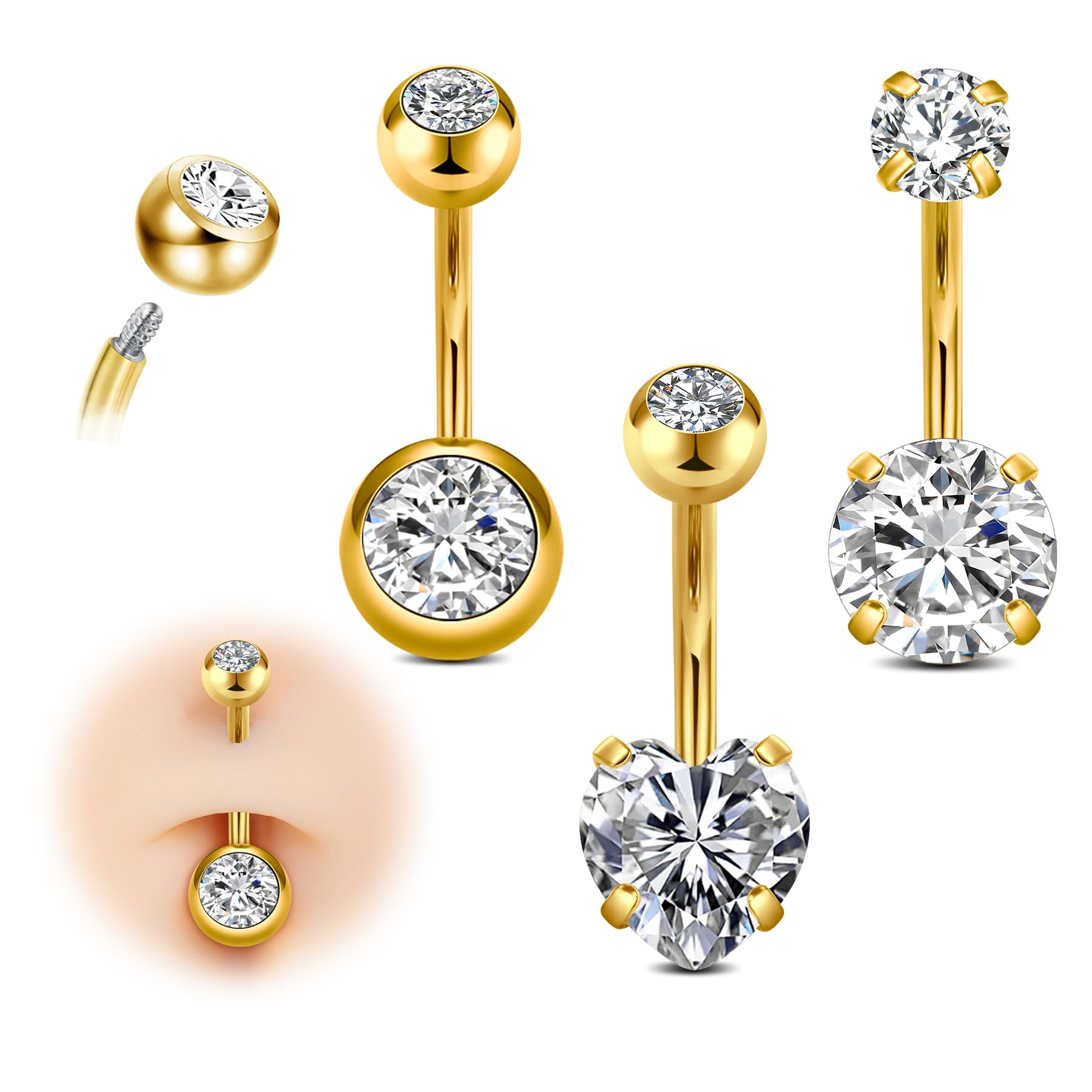 AVYRING Piercing para ombligo de 14 g, acero inoxidable de 10 mm, clásico, redondo y corazón con circonita cúbica, joyería hipoalergénica para mujer